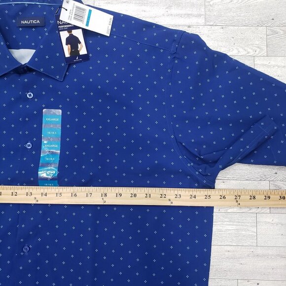 Nautica Performance Dress Shirt SS Blue Geo Stretch Cooling Mens XXL NWT Flaw - Picture 7 of 10